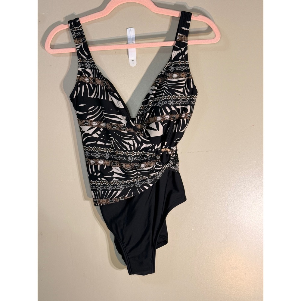 Nygard Collection Tropical Palm Print Wrap One Piece Swimsuit Black White Tan 10